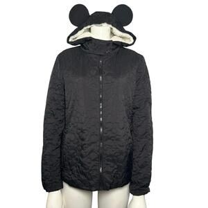 Disney Black Quilted Sherpa Lined Jacket Mickey Ear Hood Women’s MEDIUM